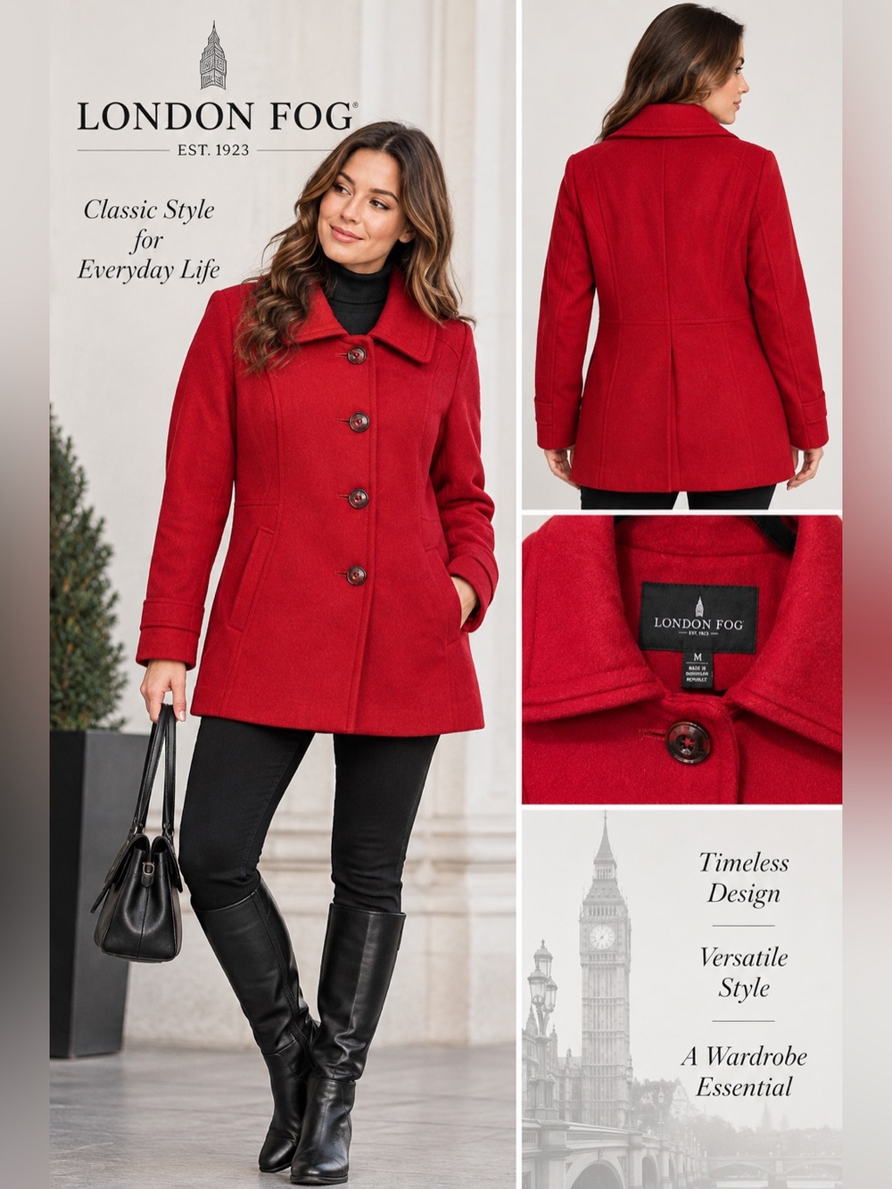 London Fog Red Wool Blend Pea Coat Jacket Women’s Medium Classic